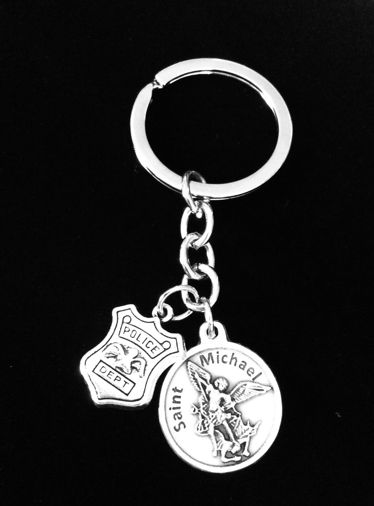 Police Officer Gift Saint Michael Serve and Protect FOB Keychain Silver Key Chain Keyring FOB Protection Gift