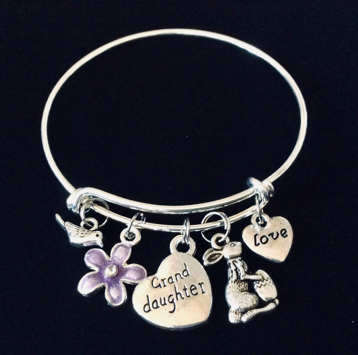 Easter Gift for Granddaughter Easter Bunny Rabbit Purple Flower Expandable Charm Bracelet Silver Adjustable Wire Bangle Basket Gift