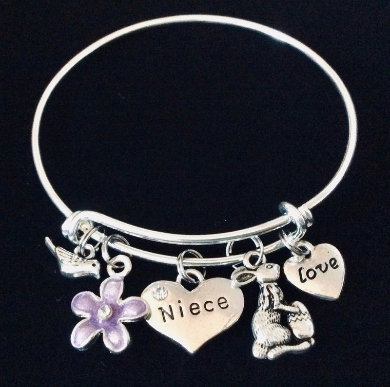 Easter Gift for Niece Easter Bunny Rabbit Purple Flower Expandable Charm Bracelet Silver Adjustable Wire Bangle Basket Gift