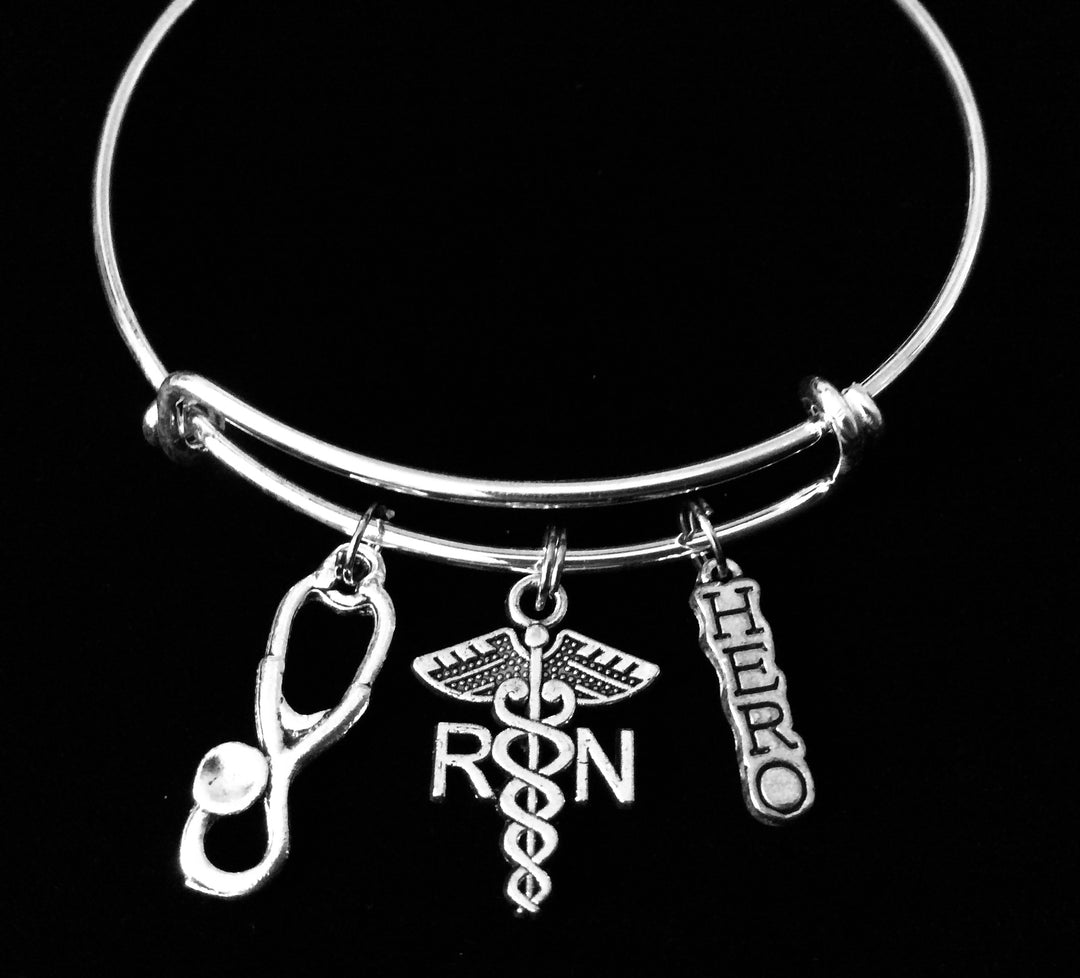 RN Nurse Bracelet with Stethoscope and Caduceus Charms, Adjustable Silver Bangle Gift for Nurses