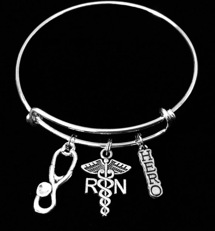 RN Nurse Bracelet with Stethoscope and Caduceus Charms, Adjustable Silver Bangle Gift for Nurses