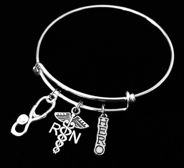 RN Nurse Bracelet with Stethoscope and Caduceus Charms, Adjustable Silver Bangle Gift for Nurses
