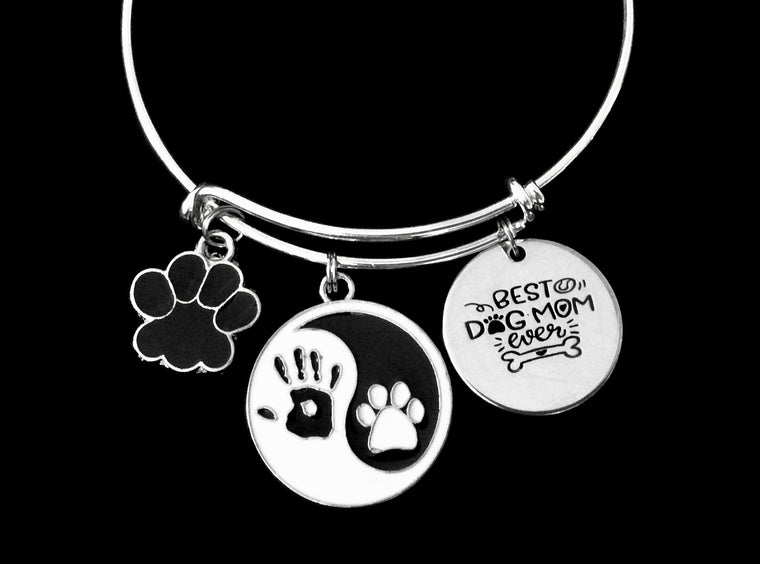 Best Dog Mom Ever Expandable Charm Bracelet Adjustable Silver Bangle One Size Fits All Gift Paw Print Yin Yang Symbol