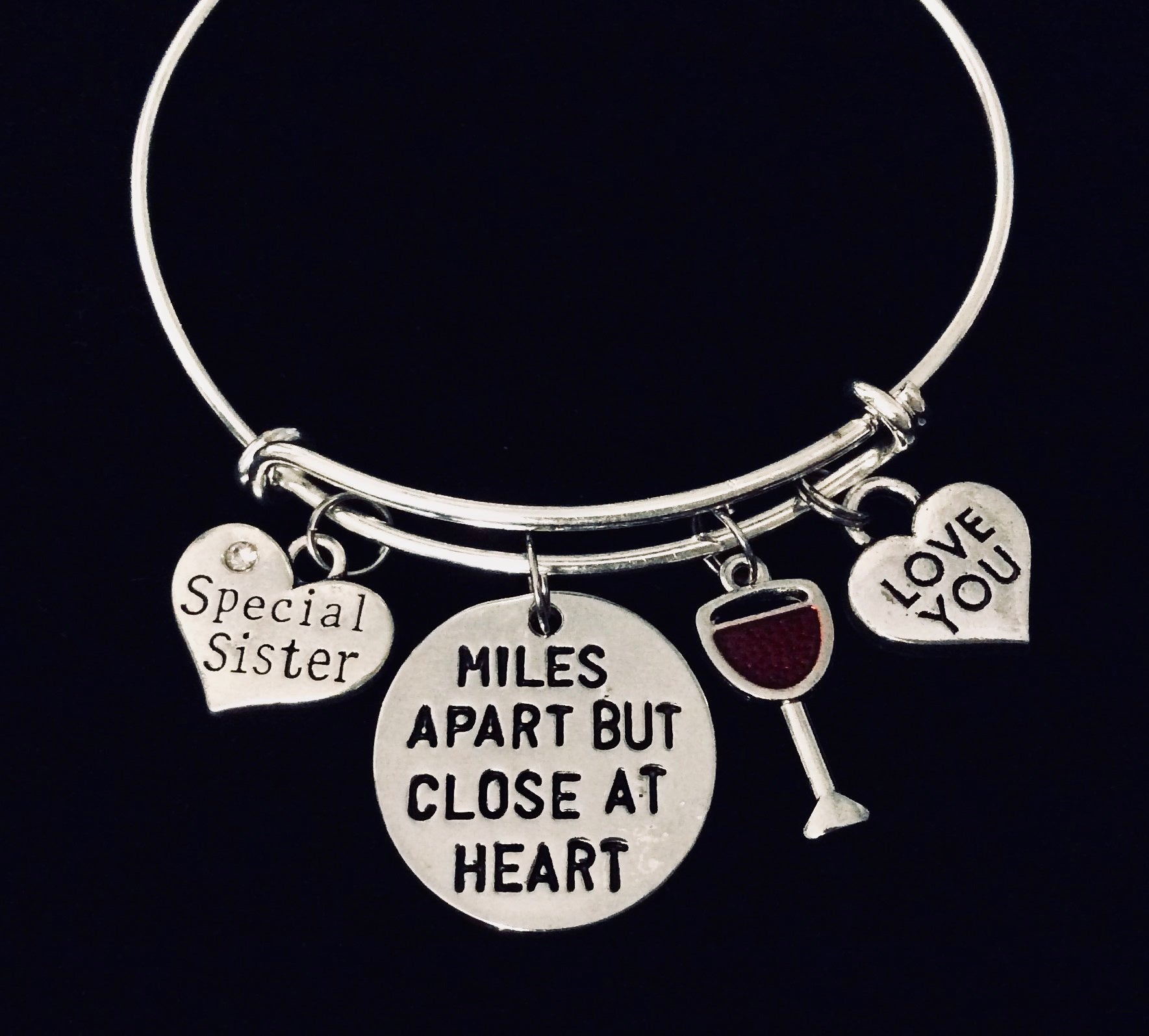 Sister Cuff Bracelet - Miles Cannot Separate The Hearts Of Sisters - Purple  Pelican Designs