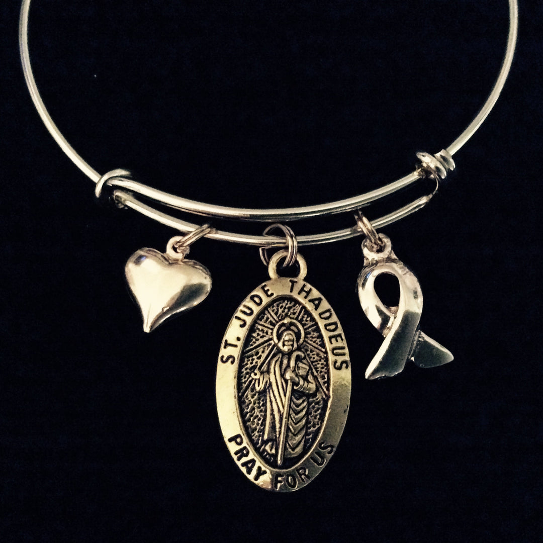 Gold Awareness Ribbon Saint Jude Expandable Charm Bracelet Patron Saint of Hopeless Cases and Lost Causes Double Sided Adjustable Bangle