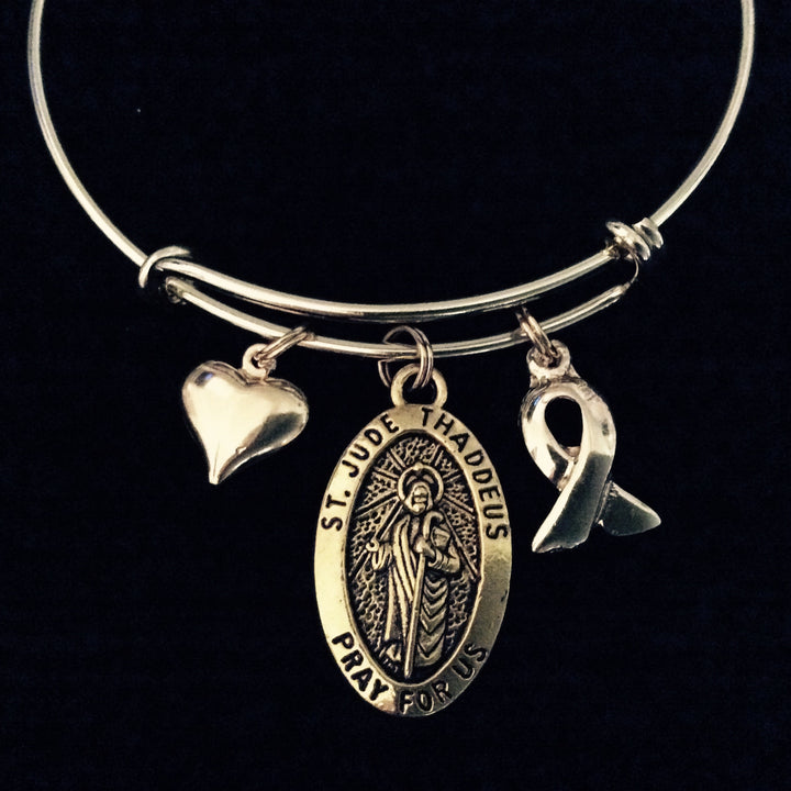 Gold Awareness Ribbon Saint Jude Expandable Charm Bracelet Patron Saint of Hopeless Cases and Lost Causes Double Sided Adjustable Bangle