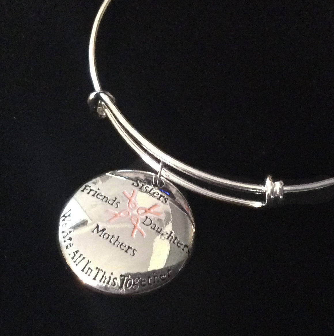 Sisters Friends Mothers Daughter Together Pink Awareness Ribbon Silver Expandable Charm Bracelet Adjustable Bangle Gift Breast Cancer
