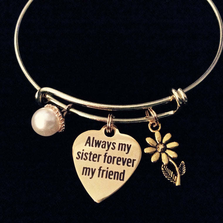 Gold Always my Sister Forever My Friend Expandable Charm Bracelet Adjustable Bangle Gift Family