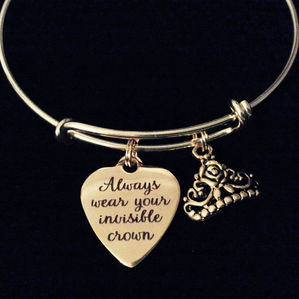 Gold Always Wear Your Invisible Crown Expandable Charm Bracelet Adjustable Bangle Inspirational Tiara