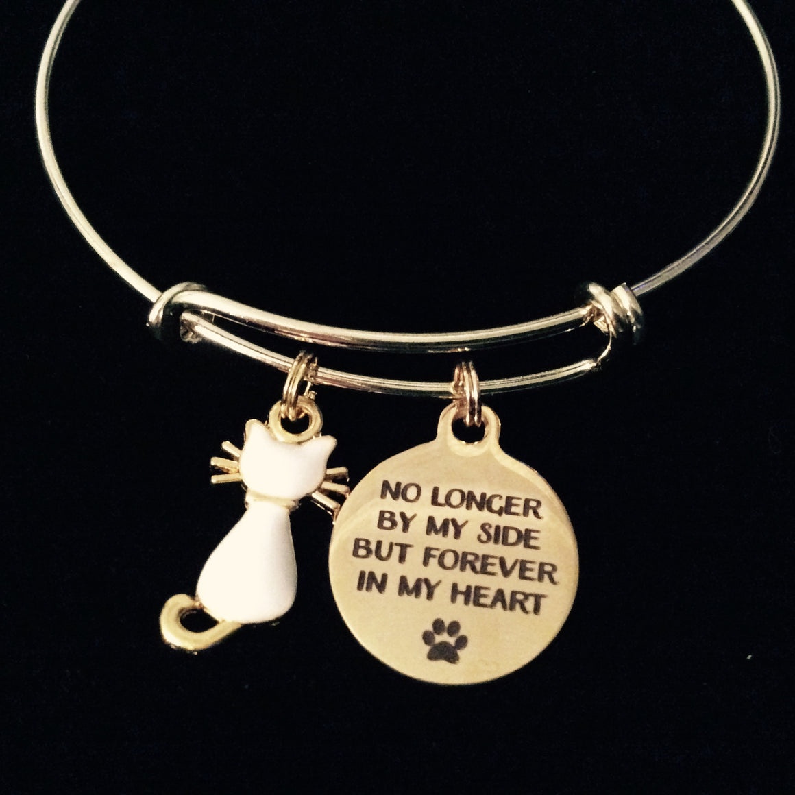 Gold White Cat Memorial Expandable Charm Bracelet Adjustable Bangle Pet Loss Gift Kitten