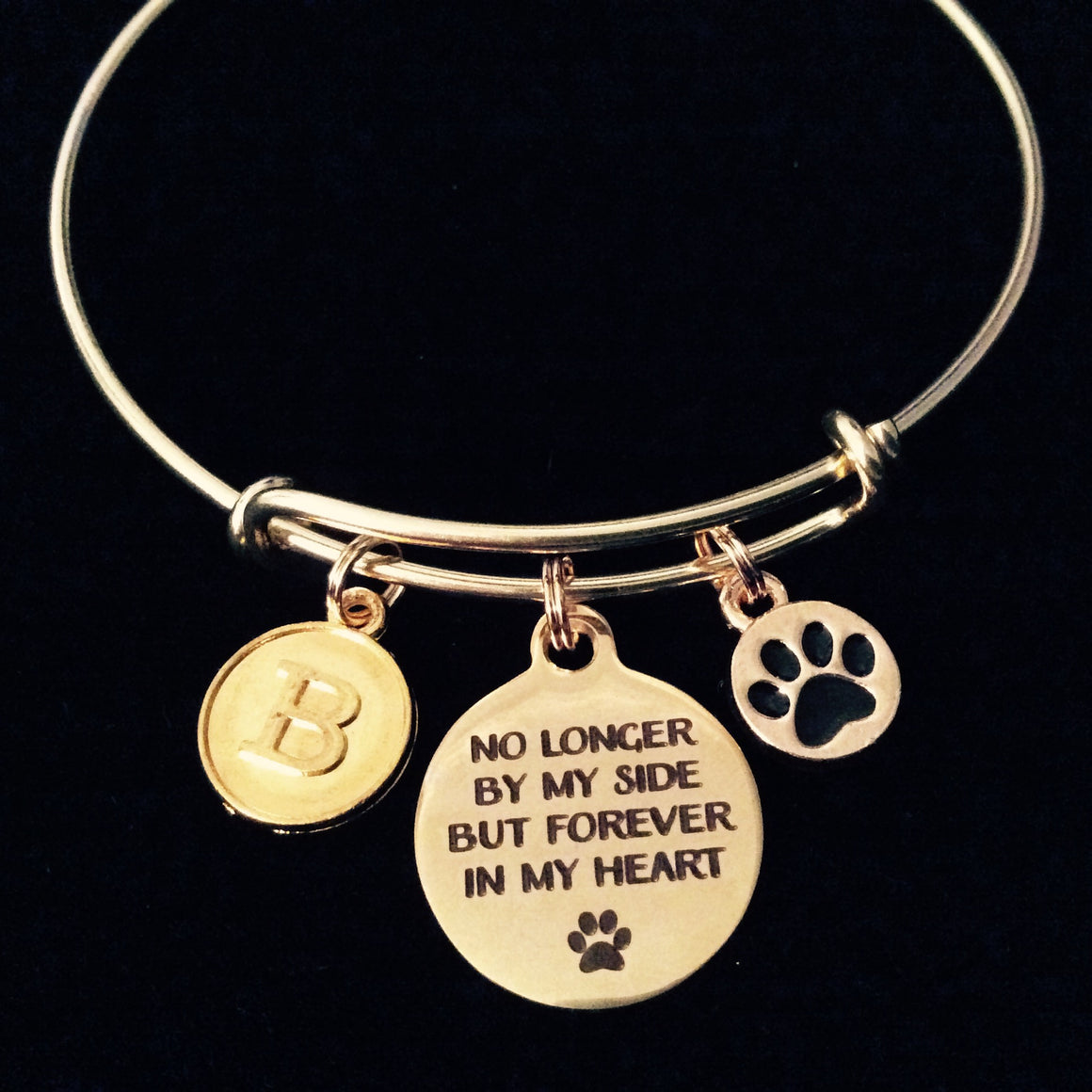 Gold Dog or Cat Memory Bracelet Forever in My Heart Expandable Charm Bangle Adjustable Memorial