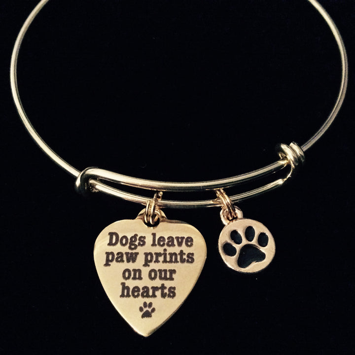 Dogs Leave Paw Prints on our Heart Gold Charm Bracelet Gold Expandable Adjustable Wire Bangle