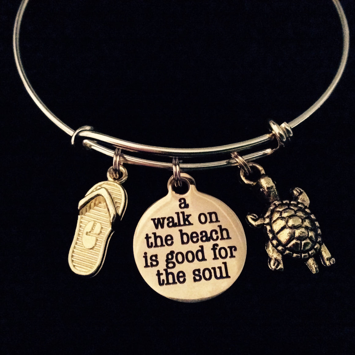 Gold A Walk on the Beach is Good for the Soul Expandable Charm Bracelet Ocean Nautical Gift