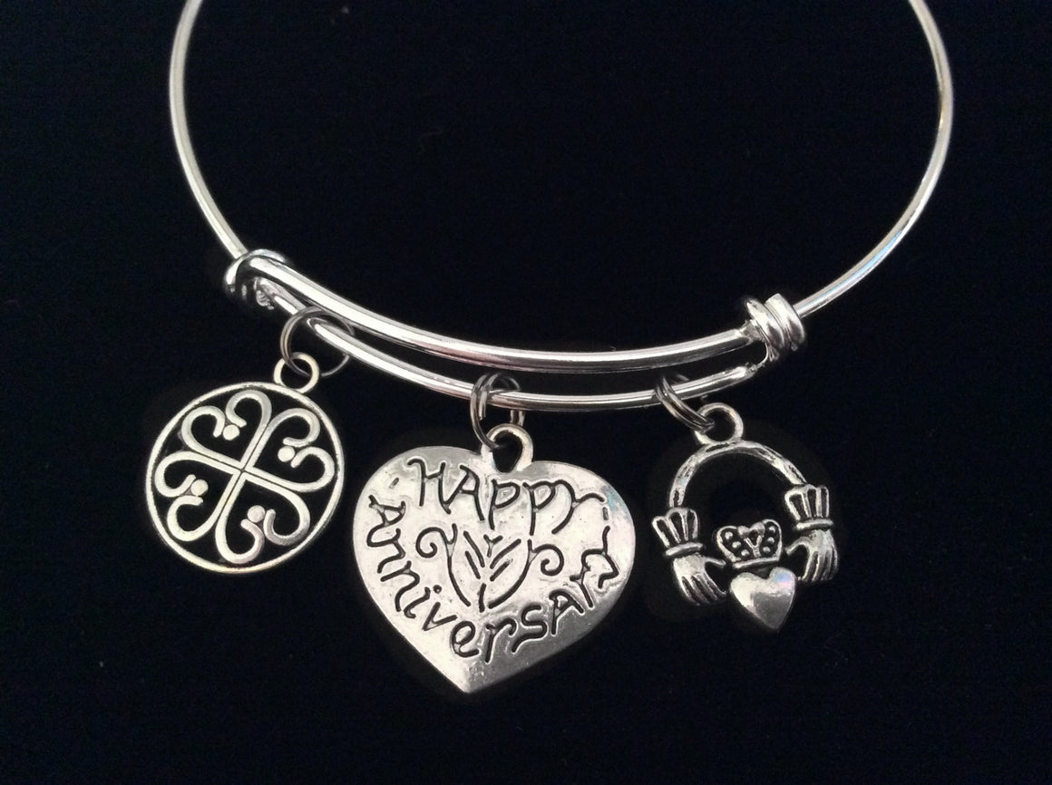 Happy Anniversary Celtic Claddagh Expandable Charm Bracelet Adjustable Silver Bangle Wedding Anniversary Gift