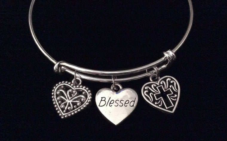 Blessed Filigree Heart Cross Silver Expandable Charm Bracelet Adjustable Bangle