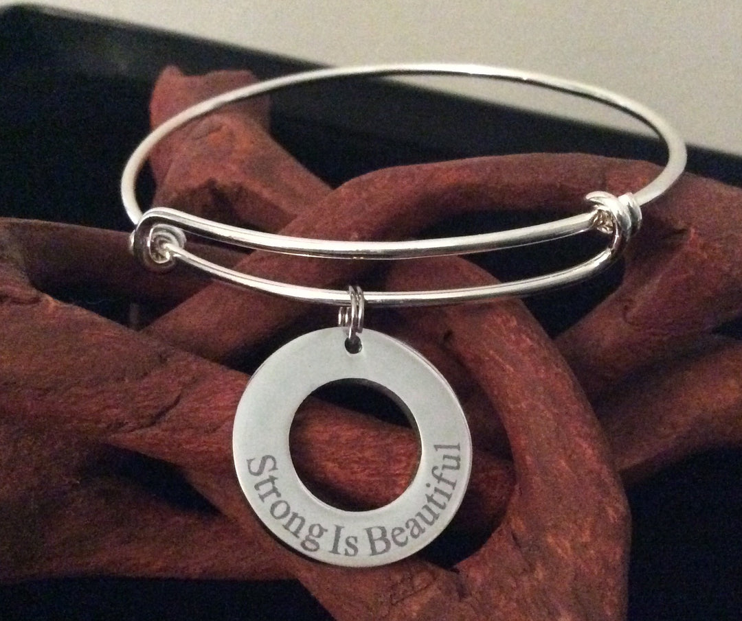 Strong is Beautiful Expandable Silver Charm Bracelet Adjustable Wire Bangle Affirmation Ring