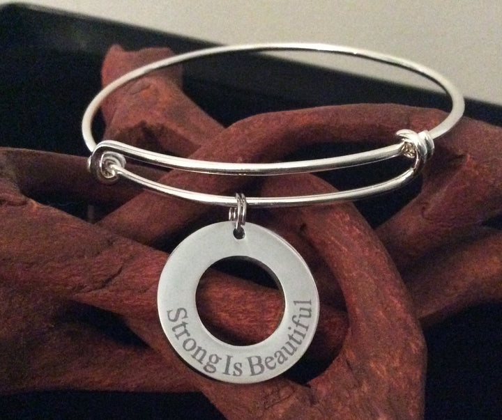 Strong is Beautiful Expandable Silver Charm Bracelet Adjustable Wire Bangle Affirmation Ring