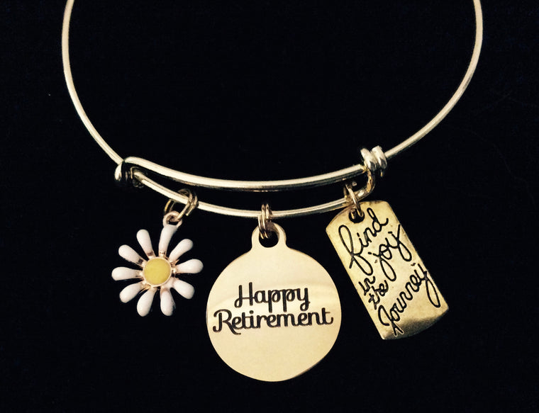 Gold Retirement Adjustable Bracelet Find Joy in the Journey Expandable Wire Bangle Gift Daisy