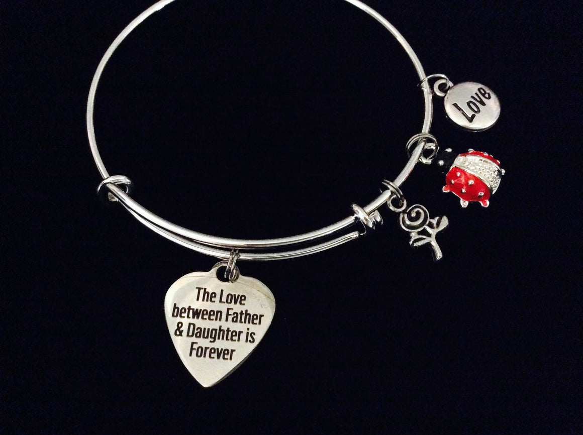 Father Daughter Forever Love Little Lady Bug Expandable Charm Bracelet Silver Adjustable Bangle Gift