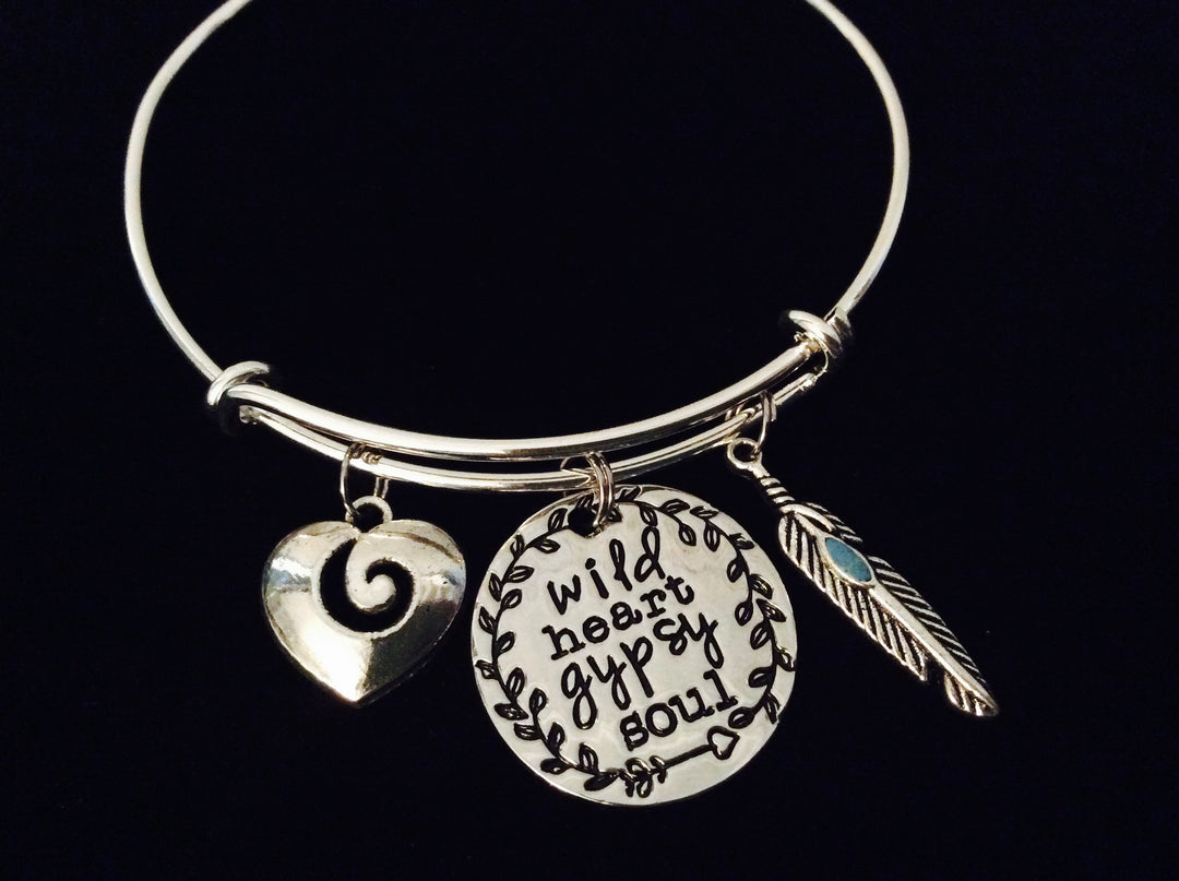 Wild Heart Gypsy Soul Adjustable Bracelet Expandable Silver Charm Bangle Gift Turquoise Feather Heart