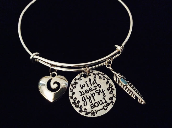 Wild Heart Gypsy Soul Adjustable Bracelet Expandable Silver Charm Bangle Gift Turquoise Feather Heart