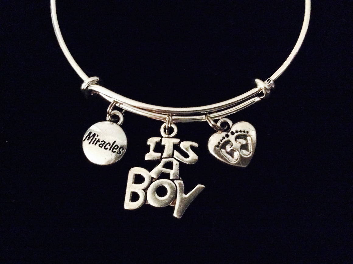It's a Boy Expandable Silver Charm Bracelet Miracle Baby Feet Adjustable Bangle Gift