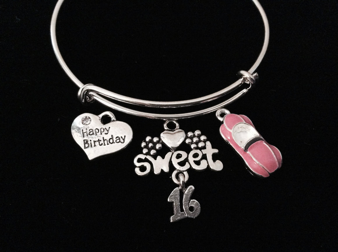 Teenager Birthday Gift Pink Car Sweet 16 Adjustable Bracelet Expandable Charm Bangle Gift Happy Birthday
