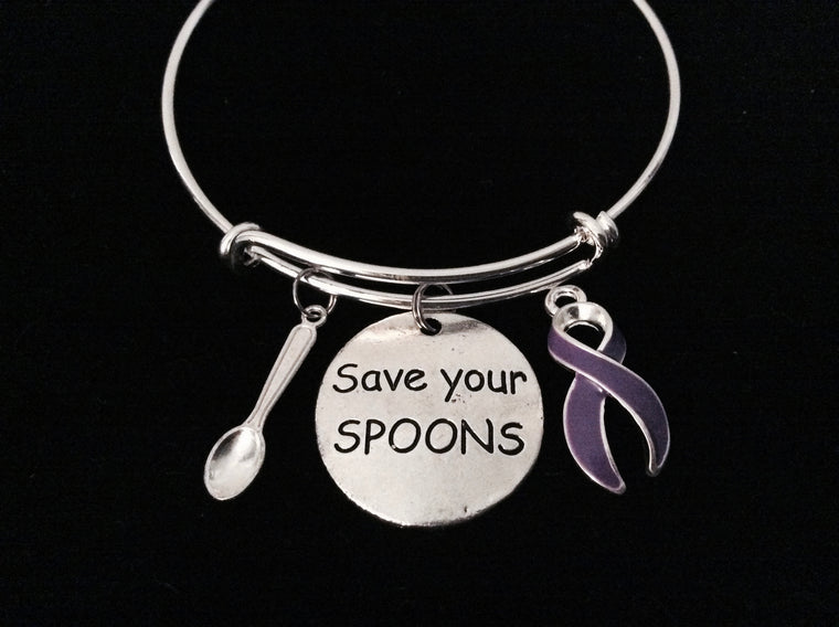 Purple Awareness Charm Bracelet Spoon Theory Save Your Spoons Awareness Adjustable Bracelet Expandable Bangle Gift