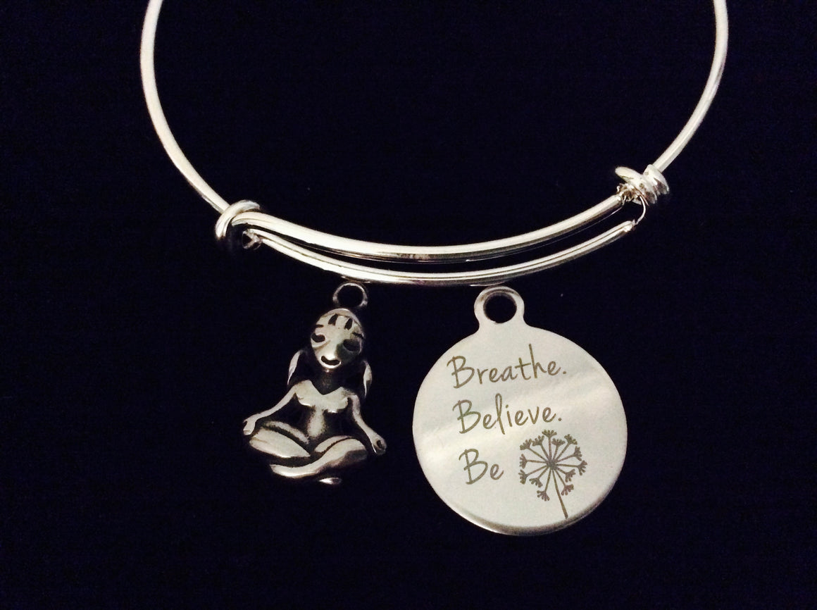 Yoga Girl Breathe Believe Be Adjustable Bracelet Expandable Silver Charm Bangle Gift Om Lotus Pose Yogi Gift