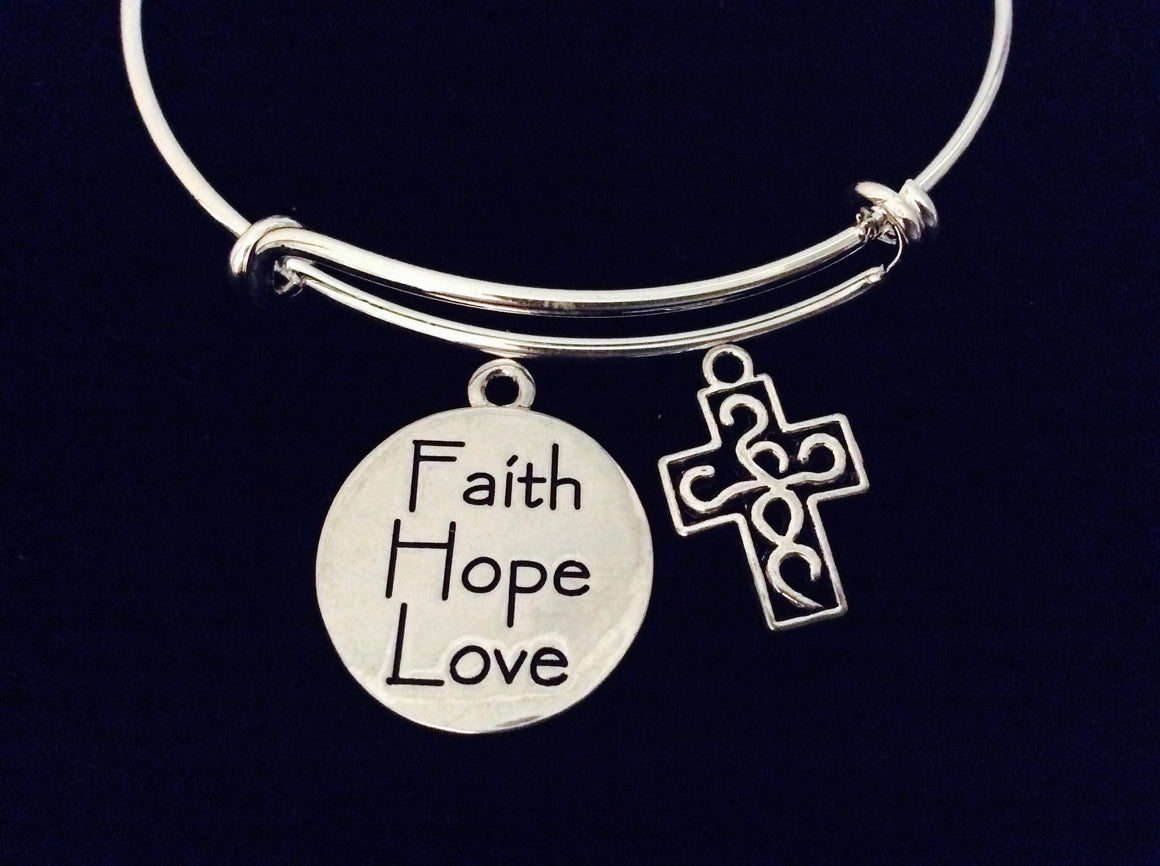 Faith Hope Love Filigree Cross Adjustable Bracelet Double Sided Expandable Silver Charm Bangle Religious Gift