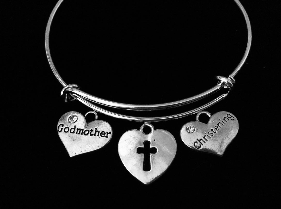 Christening Gift Godmother Heart Shaped Cross Adjustable Bracelet Expandable Silver Charm Bangle 