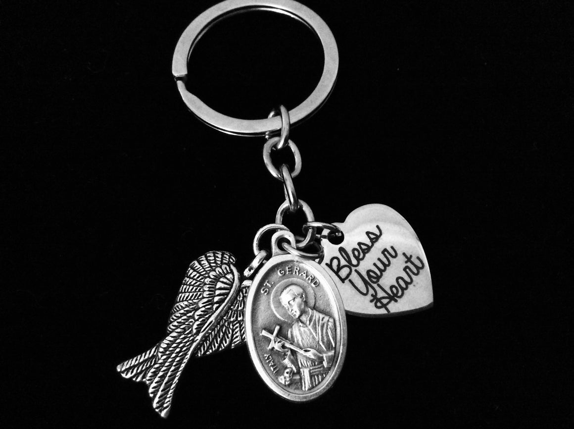 Bless Your Heart Saint Gerard Key Chain Angel Wings Silver Key Ring Gift Inspirational Jewelry Catholic Medal Patron Saint of Expectant Mothers