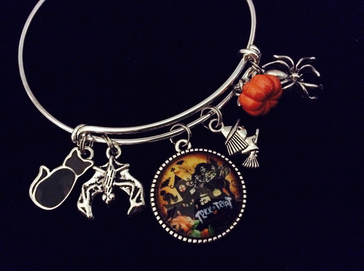 Halloween Black Cat Bat Witch Spider Adjustable Bracelet Silver Expandable Charm Bangle Halloween Costume Hostess Gift Trendy Stackable Wire Bracelet