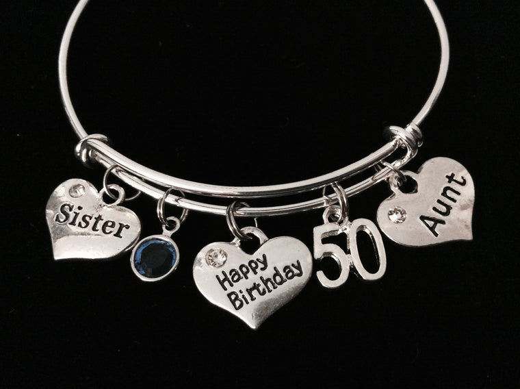 Happy 50th Birthday Sister Aunt Adjustable Bracelet Silver Expandable Bangle Trendy Gift Birthstone
