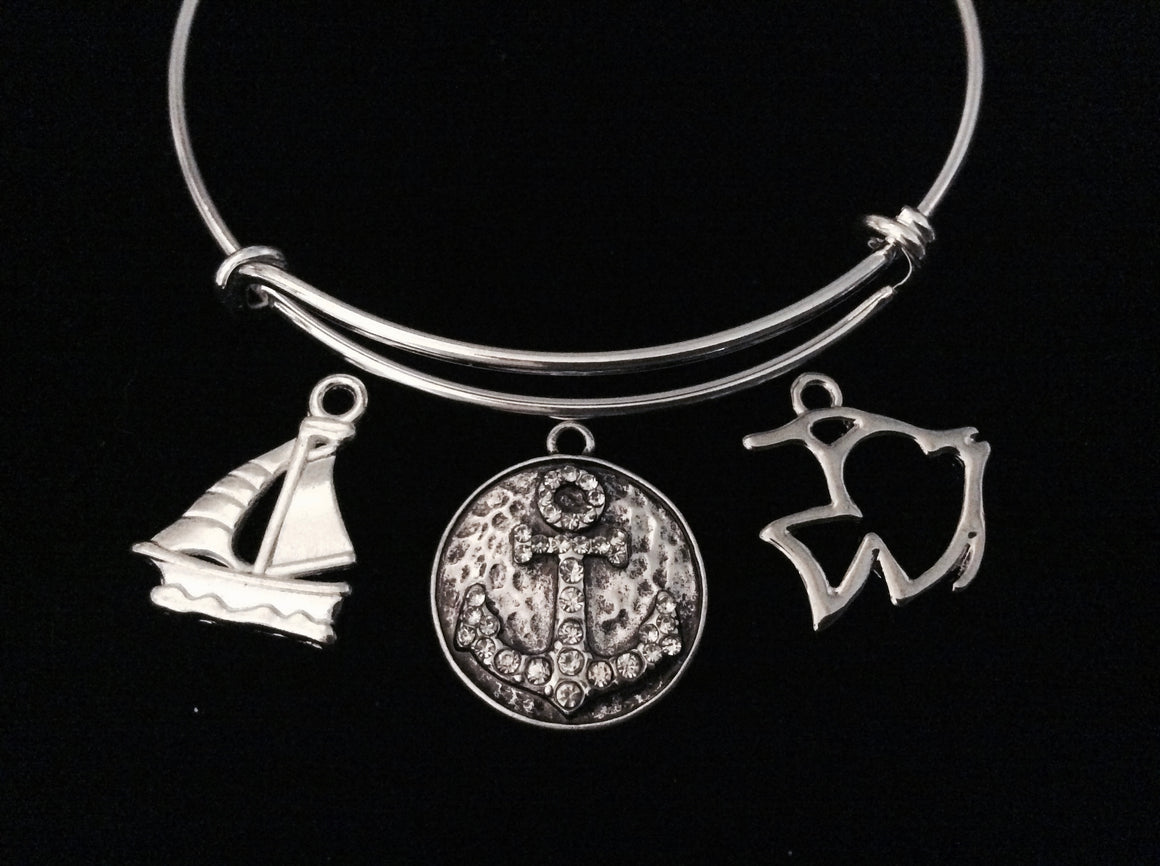 Crystal Anchor Sailboat Fish Nautical Jewelry Expandable Silver Charm Bracelet Adjustable Bangle One Size Fits All Gift Trendy Stacking