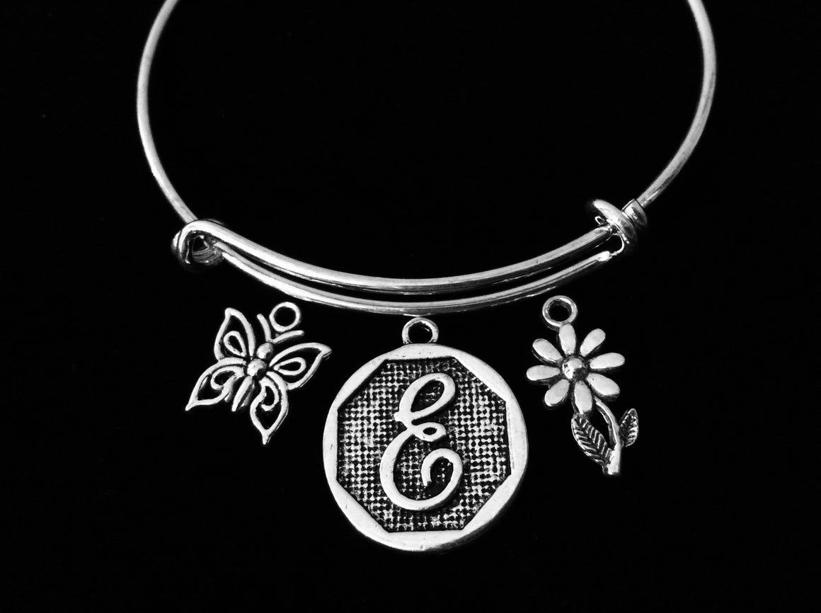 Initial Letter Daisy Butterfly Adjustable Bracelet Silver Expandable Bangle Trendy Stacking Gift