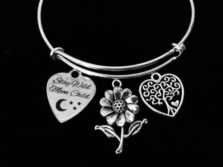 Sunflower Stay Wild Moon Child Adjustable Bracelet Tree of Life Expandable Silver Wire Bangle Gift Daisy 