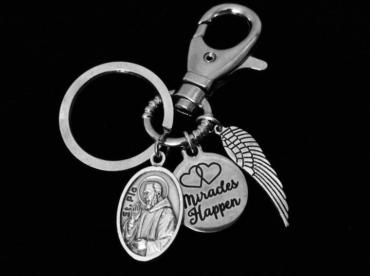 Miracles Happen Saint Pio Key Chain Angel Wing Silver Key Ring Gift Inspirational Jewelry Catholic Medal Patron Saint of Civil Defense Workers, Adolescents and Stress Relief