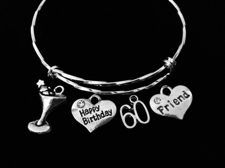 Happy 60th Birthday Friend Adjustable Bracelet Expandable Charm Bangle Gift 60 Sixty Martini Glass