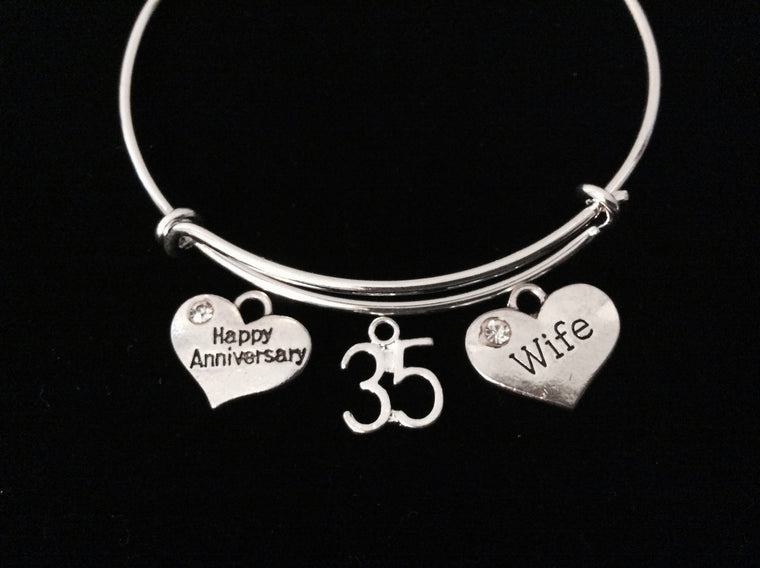Happy 35th Anniversary Wife Jewelry Silver Expandable Charm Bracelet Adjustable Bangle Trendy One Size Fits All Gift