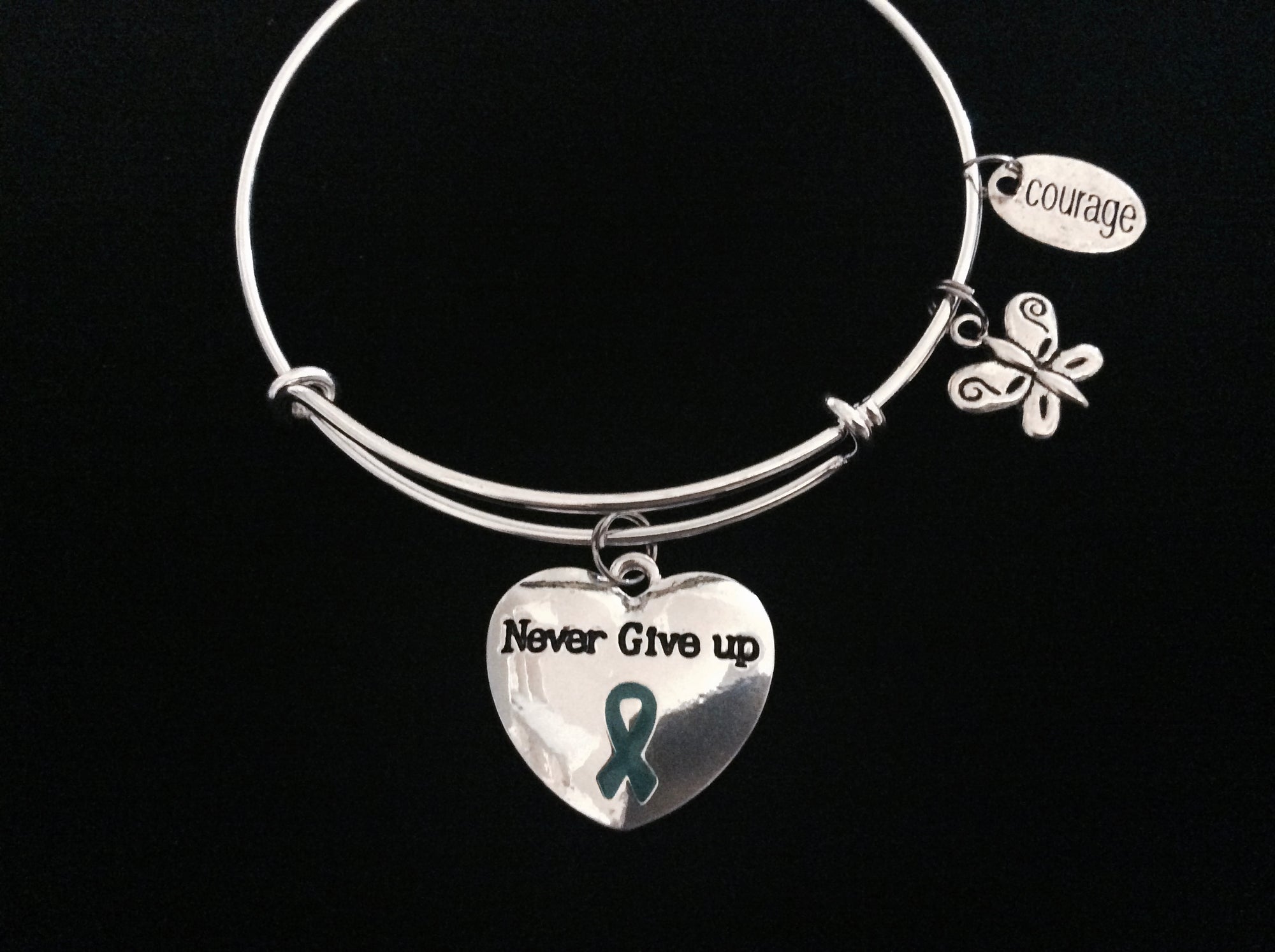 Never Give Up Courage Teal Awareness Ribbon Expandable Charm Bracelet Adjustable Bangle Gift Ovarian Cancer Awareness