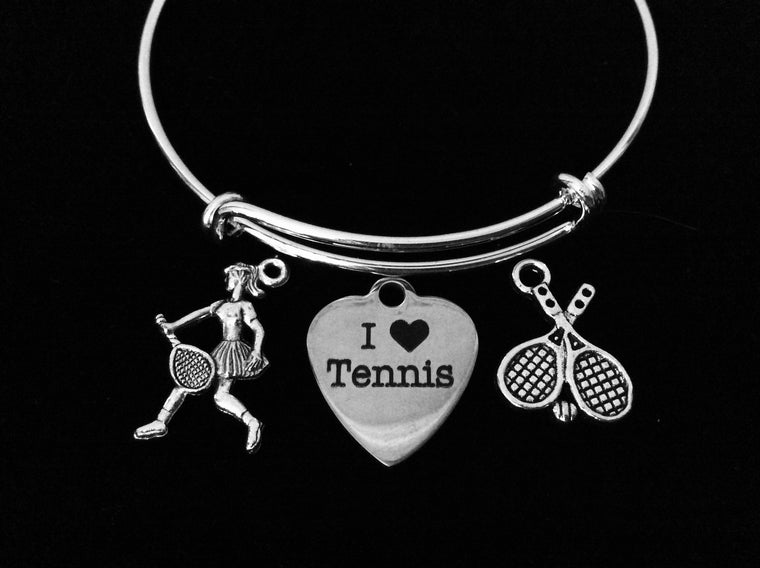 I Love Tennis Adjustable Bracelet Expandable Silver Charm Bracelet Tennis Player Racket Coach Gift