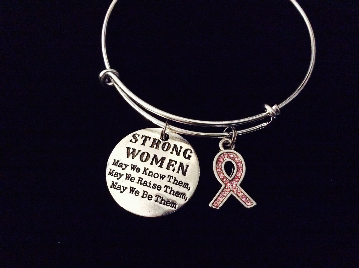 Pink Ribbon Strong Women Adjustable Bracelet Expandable Charm Bangle Gift Breast Cancer Awareness Ribbon Pink Crystal Ribbon