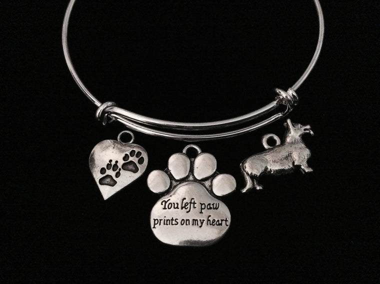 You Left Paw Prints on My Heart Memorial Corgi Dog Adjustable Bracelet Expandable Charm Bangle Meaningful Dog Lover Gift