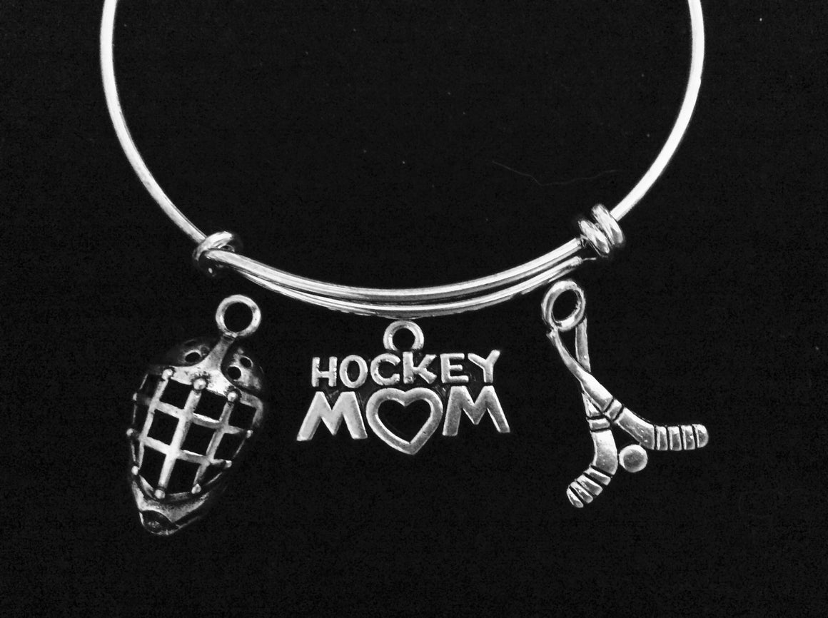 Goalie Hockey Mom Silver Expandable Charm Bracelet Adjustable Wire Bangle Sports Gift