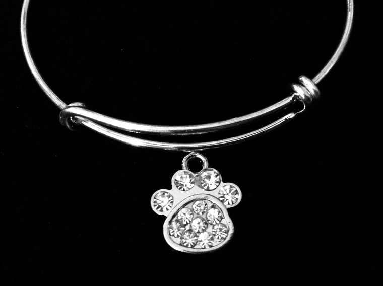 Dog or Cat Paw Print Adjustable Bracelet Silver Expandable Bangle Crystal Rhinestone Animal Lover Gift