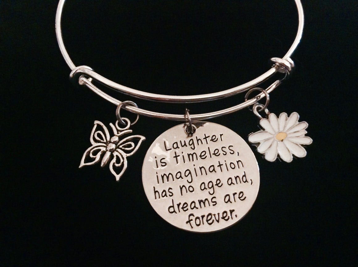 Laugh Dream Inspirational Adjustable Bracelet  White Daisy ButterflyExpandable Silver Charm Bracelet Bangle Gift