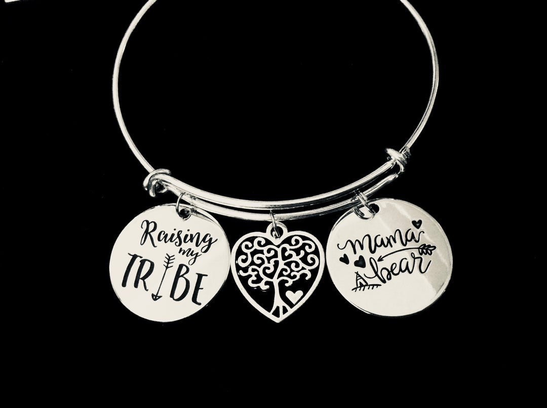 Mama Bear Raising My Tribe Adjustable Bracelet Tree of Life Silver Expandable Charm Bracelet Bangle Trendy Mother Mom Family Gift