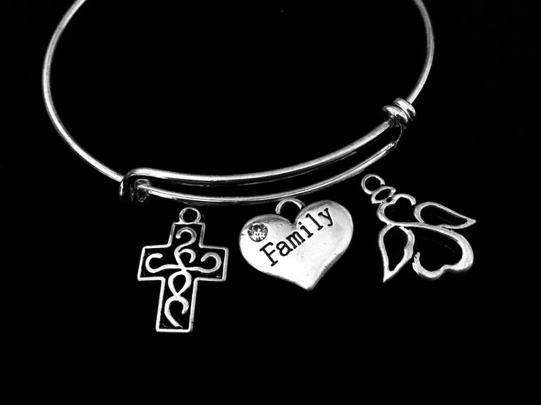 Family Open Heart Angel Filigree Cross Adjustable Bracelet Expandable Charm Bracelet Wire Bangle Gift
