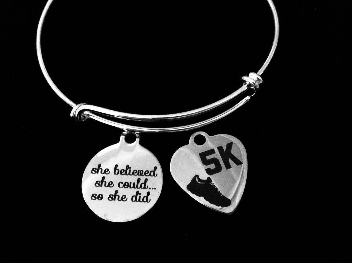 She Believed She Could so She Did 5K Expandable Charm Bracelet Adjustable Wire Bangle Gift